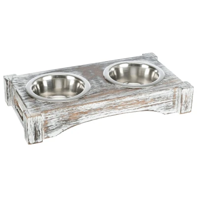 Afbeelding van Trixie Voer En Waterbak Set Hout Wit Hondenvoerbak 2xØ10 30x16x5 cm