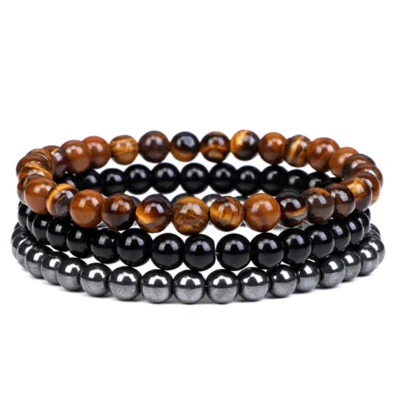 Afbeelding van Bixorp Gems 6mm Tijgeroog + Onyx Hematiet Edelstenen Armbanden Set Kralenarmband Cadeau 18cm