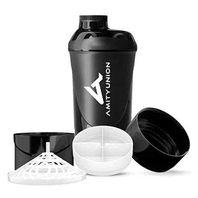 Afbeelding van Proteïneshaker met poedercompartiment 700 ml van AMITYUNION deluxe lekvrij BPA vrij Zeefschaal voor wei &amp; BCAA shakes, Gym Fitness beker isolaten