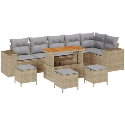 Afbeelding van vidaXL 9 delige tuinset met kussens in beige poly rattan en acacia