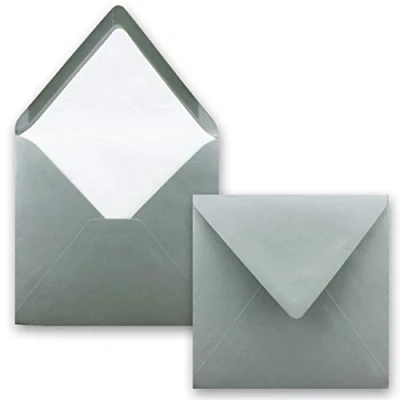 Afbeelding van 50 x enveloppen vierkant, 16 cm, in antraciet (grijs), met witte zijdevoering, zonder venster en natte plakrand, voor uitnodigingskaarten bruiloft verjaardag