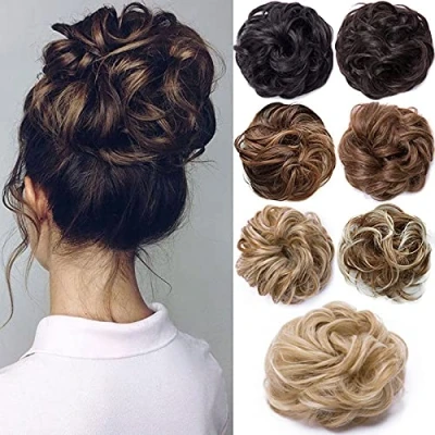 Afbeelding van Haarextensies, haarverlenging, haarstukje, haarelastiek, opgestoken kapsels, rommelige knot, golvend, ombre middenbruin