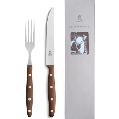 Afbeelding van Robert Herder Windmühle Steakvork en Steakmes RVS Glad Lemmet 12.5 cm Heft Pruimenhout