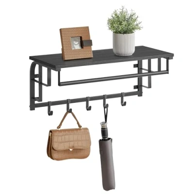 Afbeelding van VASAGLE Wandkapstok met Plank, Wandplank, 5 Verwijderbare Haken, Wandgemonteerde Hangplank Hangstang, voor Hal, Slaapkamer en Woonkamer, Antraciet Grijs Zwart LCR012B13