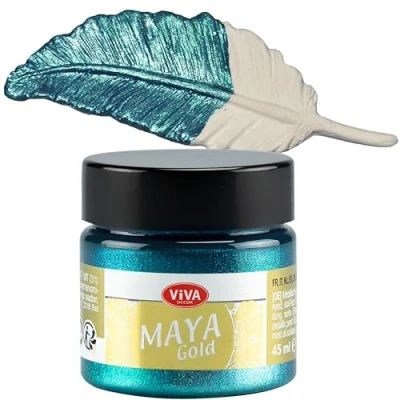 Afbeelding van Viva Decor Maya Gold 45ml (turquoise) metallic acrylverf voor creatieve werken op hout, glas en porselein. Schokbestendig, veegvast weerbestendig glanzende metaal / effecten