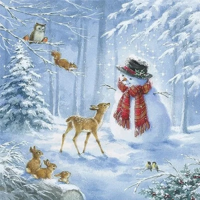Afbeelding van 20 servetten Kerstmis dieren spelen met sneeuwpop als tafeldecoratie. Papieren motief. Ook voor decoupage en servettentechniek 33x33cm