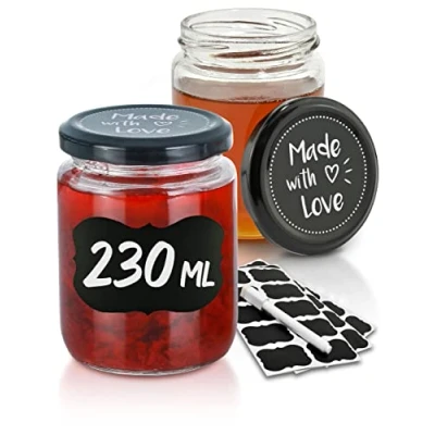 Afbeelding van 25 Jampotten 230 ml, met deksels etiketten en stift, luchtdichte potten voor conserven