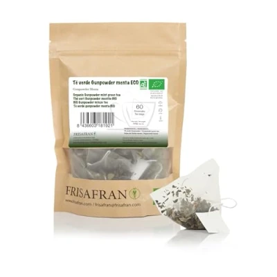 Afbeelding van FRISAFRAN Bio Munt Buskruit groene thee in Piramides 60 eenheid 120g Antioxidant Japanse Spijsvertering verfrissend drankje Muntinfusie pure Muntblaadjes warm koud