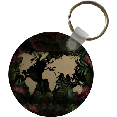 Afbeelding van Sleutelhanger Wereldkaart Bloemen Roze Plastic Rond Uitdeelcadeautjes