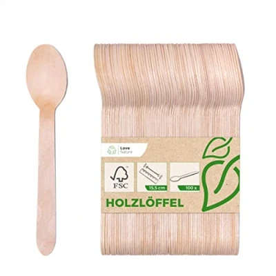Afbeelding van Love Nature houten lepel wegwerp set 100 x wegwerpbestek hout bestek klein van berkenhout wegwerplepel kleine lepels biologisch