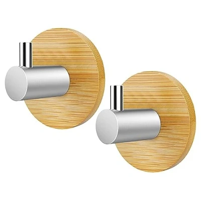 Afbeelding van Handdoekhaken Van Bamboe 2 Stuks Rvs en Zelfklevende Haken Naadloos voor Thuis Badkamer Keuken Hangend Mantel Handdoeksleutel