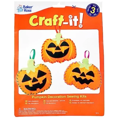 Afbeelding van Baker Ross FE772 Pompoen Decoratie Naai Sets Pakket van 3, set voor Kinderen, Creatieve Activiteiten Ideaal Knutselproject Halloween