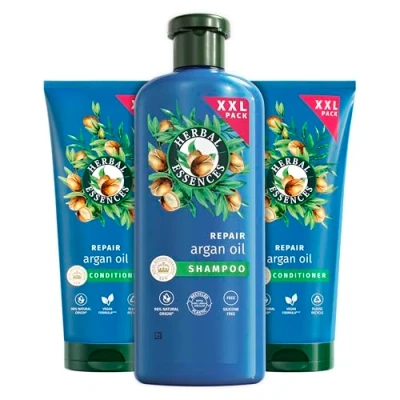 Afbeelding van Herbal Essences Reparatie Shampoo en Conditioner Set met arganolie 550 ml. van beschadigd tot gladder, glanzend haar. Intensieve verzorging. Ingrediënten natuurlijke oorsprong. Vegan, zonder