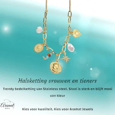 Afbeelding van Goudkleurige damesketting met parel &amp; kristalbedels 45+5 cm