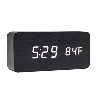 Afbeelding van Lancoon Digitale klok van hout multifunctionele led wekker met tijd/datum/temperatuurweergave en spraakbesturing voor op reis naar huis AC11zwart/wit