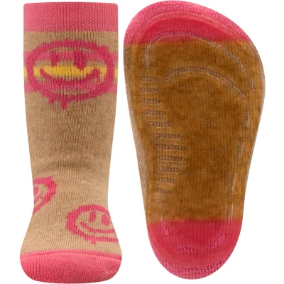 Afbeelding van Ewers Antislipsok Beige met Roze en Smileys Siliconenzool 19/20