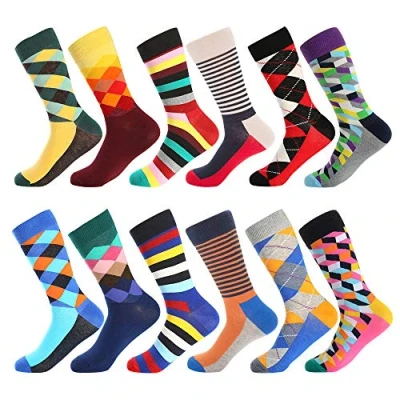 Afbeelding van Kleurrijke Fun kledingsokken Voor Heren, Funky Sokken Mannen, Fancy Nieuwigheid Grappig Patroon Casual Gekamde Katoenen Kantoorsokken, Coole Gekke Halverwege de Kuit Uniek en Opvallend (12 Pairs Pattern 8)