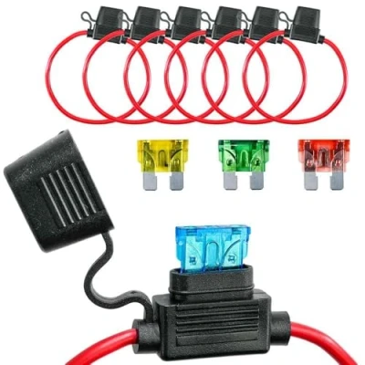 Afbeelding van Selyse 6 stuks 10 AWG zekeringhouders voor auto, vrachtwagen, motorfiets, waterdicht met inline platte zekeringen, koperen kabel, standaard zekeringen auto/boot, 2 x 20 A, 30 40
