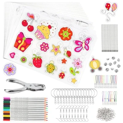 Afbeelding van talifoca 218 stuks krimpfolie, set van 20 stuks, krimpfolie om te knutselen, A4, set, sleutelhangeraccessoires, kleurpotloden, gaten, krimpfolieset voor kinderen, doe het zelf handwerk