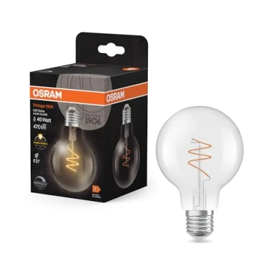 Afbeelding van OSRAM Vintage 1906 Globe is a warm white, dimmable LED lamp in classic ball shape with spiral filament. It offers 4.6 W for 470 lm, E27 socket, clear coloured glass, 80 mm diameter.