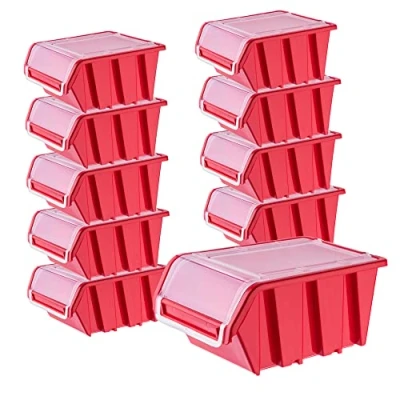 Afbeelding van KADAX Stapelkist met deksel, opbergbox van PP kunststof, in verschillende maten en kleuren, opbergdozen klep voor gereedschapswand (rood, 10 stuks, 155 x 100 mm)