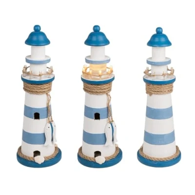 Afbeelding van Vuurtoren beeldje met LED licht Hout 10 x 30 cm wit/blauw Maritieme decoraties binnen Beeldjes