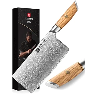 Afbeelding van XINZUO Klovenmes 18.2cm, 73 Lagen Damascus Staal Poederstaal Kern Chinees Koksmes, Multifunctioneel Groente Vlees Scheurmes met Olijf Houten Handvat Lan Serie