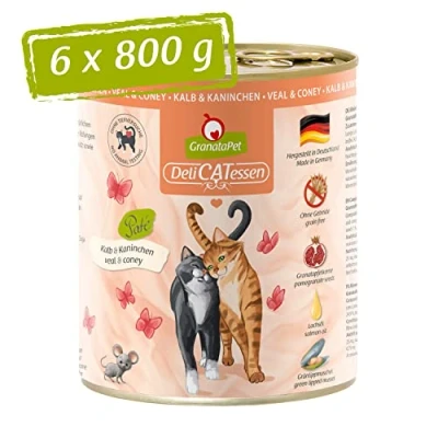 Afbeelding van GranataPet Delicatessen Kalf en konijnen, 6 x 800 g, natvoer voor katten, kattenvoer fijnproevers, voer zonder granen toegevoegde suikers