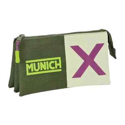 Afbeelding van Safta Munich Bright Khaki drievoudig etui voor kinderen, pennenetui ideaal schoolkinderen, comfortabel en veelzijdig, kwaliteit duurzaamheid, 22 x 3 12 cm, kaki,