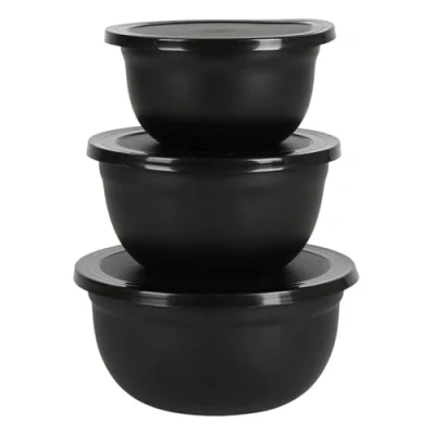 Afbeelding van Spetebo Roestvrijstalen kom met deksel, set van 3, zwart, 18/16/14,5 cm, afsluitbare metalen mengkommen, slakom, kookkommenset