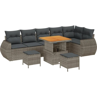 Afbeelding van vidaXL 9 delige Tuin Sofa Set met Kussens Grijs Poly Rattan Acacia, 3 Eet Acacia