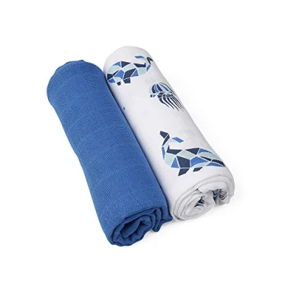 Afbeelding van GRÜNSPECHT 690 V2 biologische luiers 70x70cm van 100% katoen (kbA), spuugdoeken, zonder optische witmakers, huidvriendelijk en absorberend, 2 stuks, blauw zeedieren
