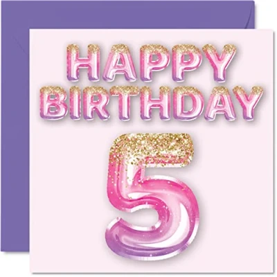 Afbeelding van 5e verjaardagskaart voor meisjes roze &amp; paarse glitterballonnen gelukkige verjaardagskaarten 5 jaar oud meisje dochter zus kleindochter neef, 145mm x vijf vijfde verjaardag wenskaarten cadeau