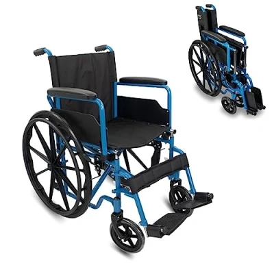 Afbeelding van Mobiclinic Marsella Vouwrolstoel Rolstoel Wielen met snelsluiting en drukknop Stevig Zitting 46cm Inklapbare voetsteun armleuningen Remhendel Blauw