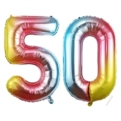 Afbeelding van 50e verjaardag decoratie cijfers ballon 50 jaar folieballon regenboog voor mannen vrouwen nummer vliegt met helium
