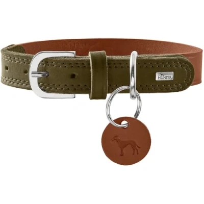 Afbeelding van HUNTER Hondenhalsband LEMVIG, kleur: cognac/olijf, leer, belastbaar en duurzaam, aangenaam zacht, comfortabel, elegant trendy, Made in Germany, maat: 50
