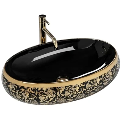 Afbeelding van REA Meryl Opzetwastafel Waskom 60 x 40.5 14.5 cm Glans Zwart Goud