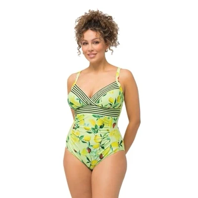 Afbeelding van Ulla Popken Fruit Ruched Badpak, Dames, Maat: 44, Lemon yellow