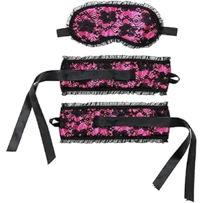 Afbeelding van Rimba Bondage Play Burlesque Handboeien en masker van satijn kant roze/zwart