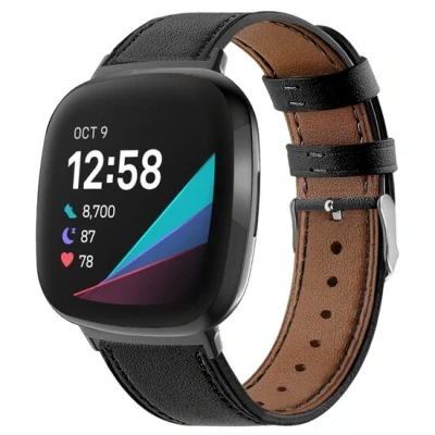Afbeelding van Fitbit Versa 3/4 &amp; Sense 1/2 leren bandje Zwart Roestvrijstale gespsluiting