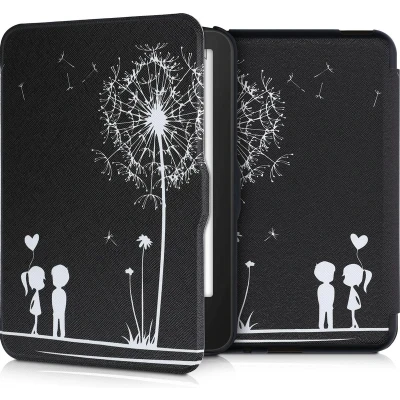 Afbeelding van kwmobile e reader hoesje compatibel met Tolino Vision 1/2 / 3/4 HD Magneetsluiting Ereader case Paardenbloemen Liefde in wit/zwart