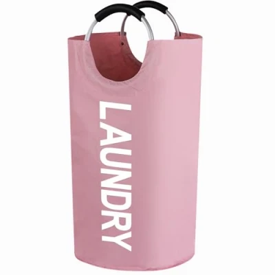Afbeelding van Opvouwbare wasmand, inhoud 90 liter, wasverzamelaar met handvat, wasmand van Oxford stof, waterdichte waszak, laundry mand, draagbare wassorteerder, opbergcontainer, flessenverzamelaar, roze