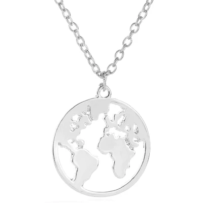 Afbeelding van Ketting Zilverkleurig Wereldbol Wereldkaart Aarde Wereld Hanger 2.4 cm Dames 45 + 5