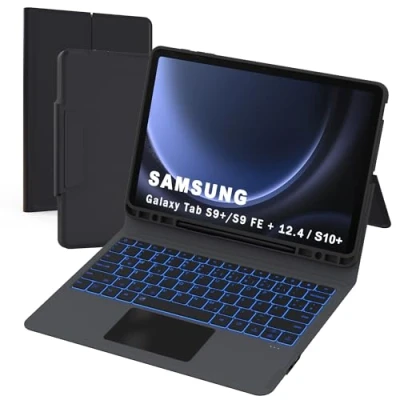 Afbeelding van voor Samsung Galaxy Tab S9 FE+ /S9 Plus 12,4 inch hoes met toetsenbord Folio trackpad tablethoes penhouder verlicht Duits QWERTZ lay out touchpad / S9+