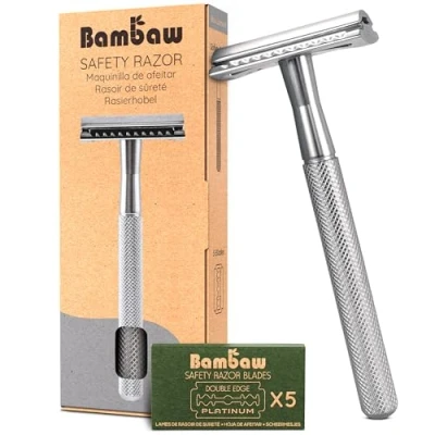 Afbeelding van Metalen Veiligheidsscheermes Zilver Nat Scheren voor Mannen &amp; Vrouwen Geschikt Alle Double Edge Mesjes Safety Razor Scheermes Bambaw