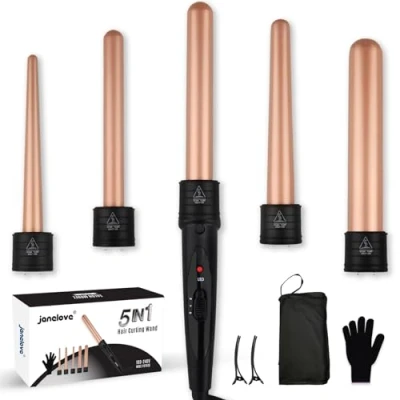 Afbeelding van janelove Krultangset, 5 in 1, 10 32 mm, keramische krultang met verschillende opzetstukken voor grote en kleine krullen, 2 instelbare temperaturen, handschoenen nylon tas, roségoud