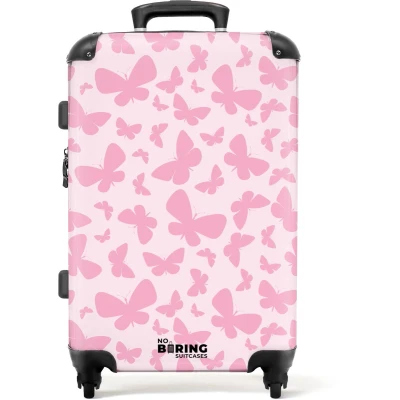 Afbeelding van NoBoringSuitcases.com Grote koffer Roze vlinders Kinderkoffer geschikt voor jongen en meisjes Reiskoffer met 4 wielen Trolley op wieltjes Rolkoffer groot kinderen 72 liter Ruimbagage valies 20kg