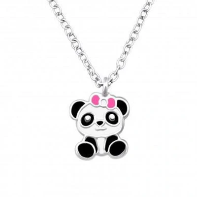 Afbeelding van ketting kinderen Zilveren met hanger, panda roze strik