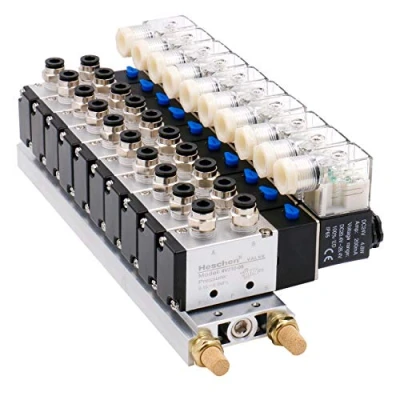 Afbeelding van Heschen 10 Space Manifold magneetventiel, 4V210 08, 24VDC, PT1/4 &#039;&#039;poort, 5 weg 2 positie, met basisdemper snelkoppelingen set