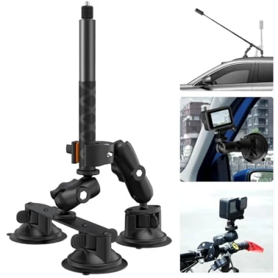 Afbeelding van UNSTINCER drievoudige zuignaphouder en klem met 118 cm uitschuifbare onzichtbare selfiestick, derde persoon autobeugel voor Insta360 Gopro Akaso actiecamera, houder op dakkap kofferbakdeurstuur